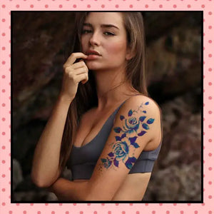 Tatouage éphémère femme, tatouage temporaire, faux tattoo, motif rose bleue old school
