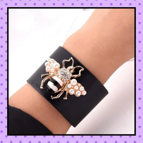 bijoux fantaisie, accessoires femmes,  bracelet cuir, strass, motif abeille