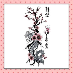 Tatouage éphémère femme, tatouage temporaire, faux tattoo, motif dragon fleurs de cerisiers