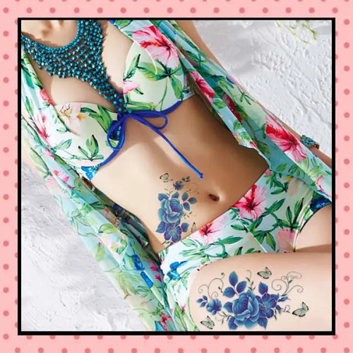 Tatouage éphémère femme, tatouage temporaire, faux tattoo, motif rose bleue old school