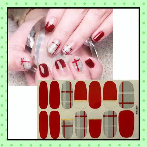 stickers d'ongles, nail patch, nail art, vernis à ongles rouge noir écossais