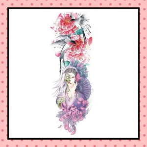Tatouage éphémère femme, tatouage temporaire, faux tattoo, motif geisha hirondelles