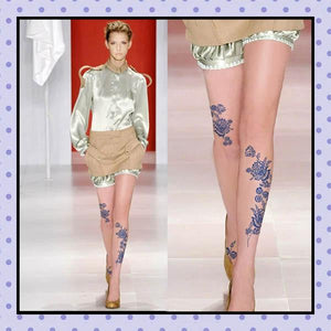 Collant effet tatouage tattoo tights motif fleur rose bleue 