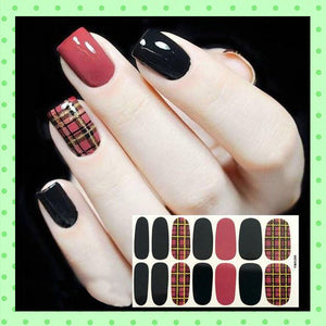 stickers d'ongles, nail patch, nail art, vernis à ongles rouge noir écossais