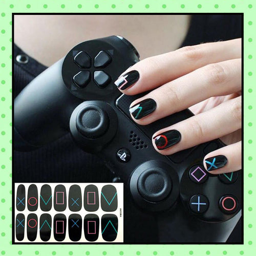 stickers d'ongles, nail patch, nail art, vernis à ongles noirs, motifs de symbole PlayStation