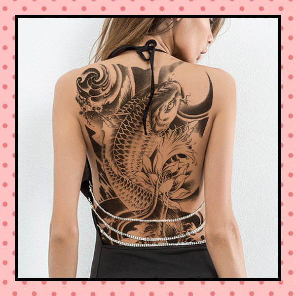 Tatouage éphémère femme, tatouage temporaire, faux tattoo, motif carpe black and grey