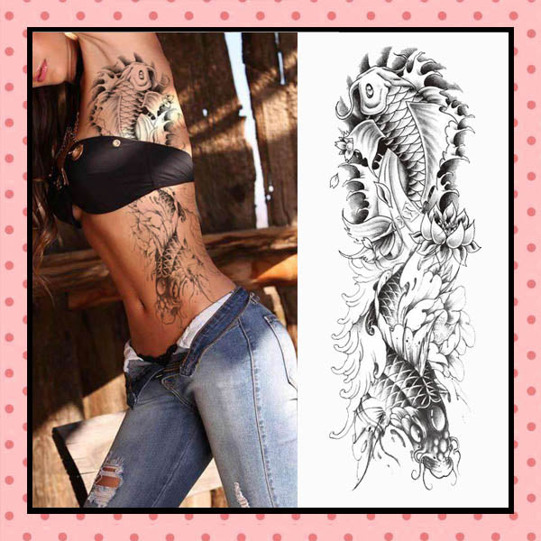 Tatouage éphémère femme, tatouage temporaire, faux tattoo, motif carpes koï black and grey