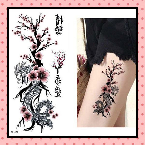Tatouage éphémère femme, tatouage temporaire, faux tattoo, motif dragon fleurs de cerisiers