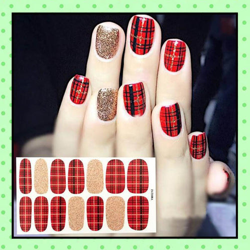 stickers d'ongles, nail patch, nail art, vernis à ongles rouge noir écossais
