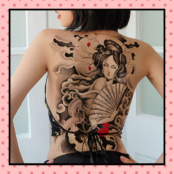 Tatouage éphémère femme, tatouage temporaire, faux tattoo, motif geisha éventail