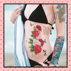Tatouage éphémère femme, tatouage temporaire, faux tattoo, motif rose rouge old school papillon