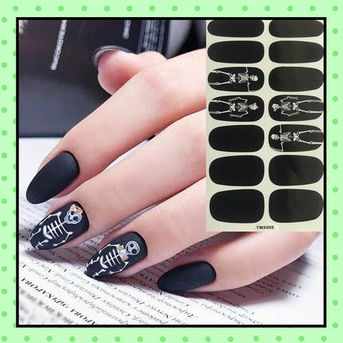 stickers d'ongles, nail patch, nail art, vernis à ongles noir squelette