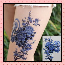 Tatouage éphémère femme, tatouage temporaire, faux tattoo, motif fleur de cerisier, oiseaux, martinets, pivoine bleue