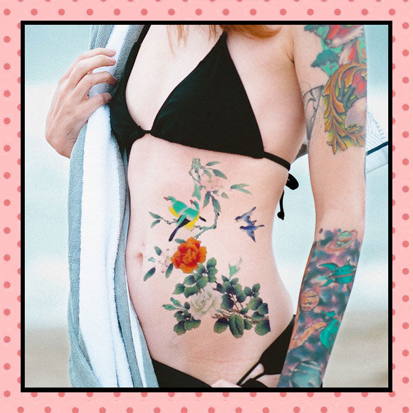 Tatouage éphémère femme, tatouage temporaire, faux tattoo, motif roses hirondelles colibris
