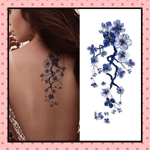 Tatouage éphémère femme, tatouage temporaire, faux tattoo, motif fleurs de cerisier bleues