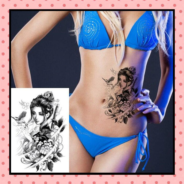 Tatouage éphémère femme, tatouage temporaire, faux tattoo, geisha katana