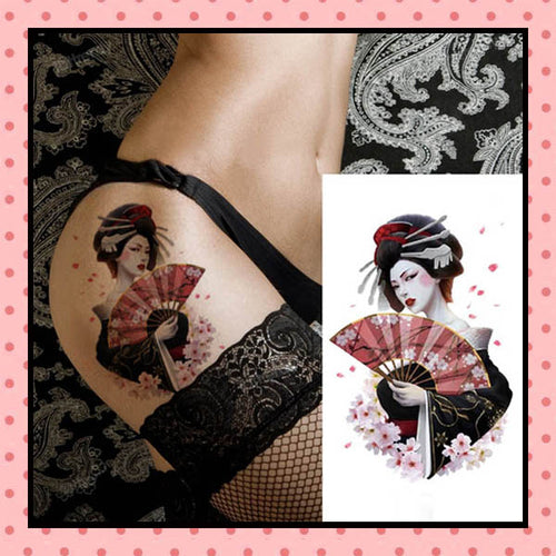 Tatouage éphémère femme, tatouage temporaire, faux tattoo, geisha éventail fleurs de cerisier