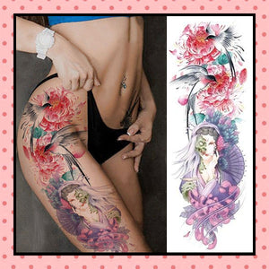 Tatouage éphémère femme, tatouage temporaire, faux tattoo, motif geisha hirondelles